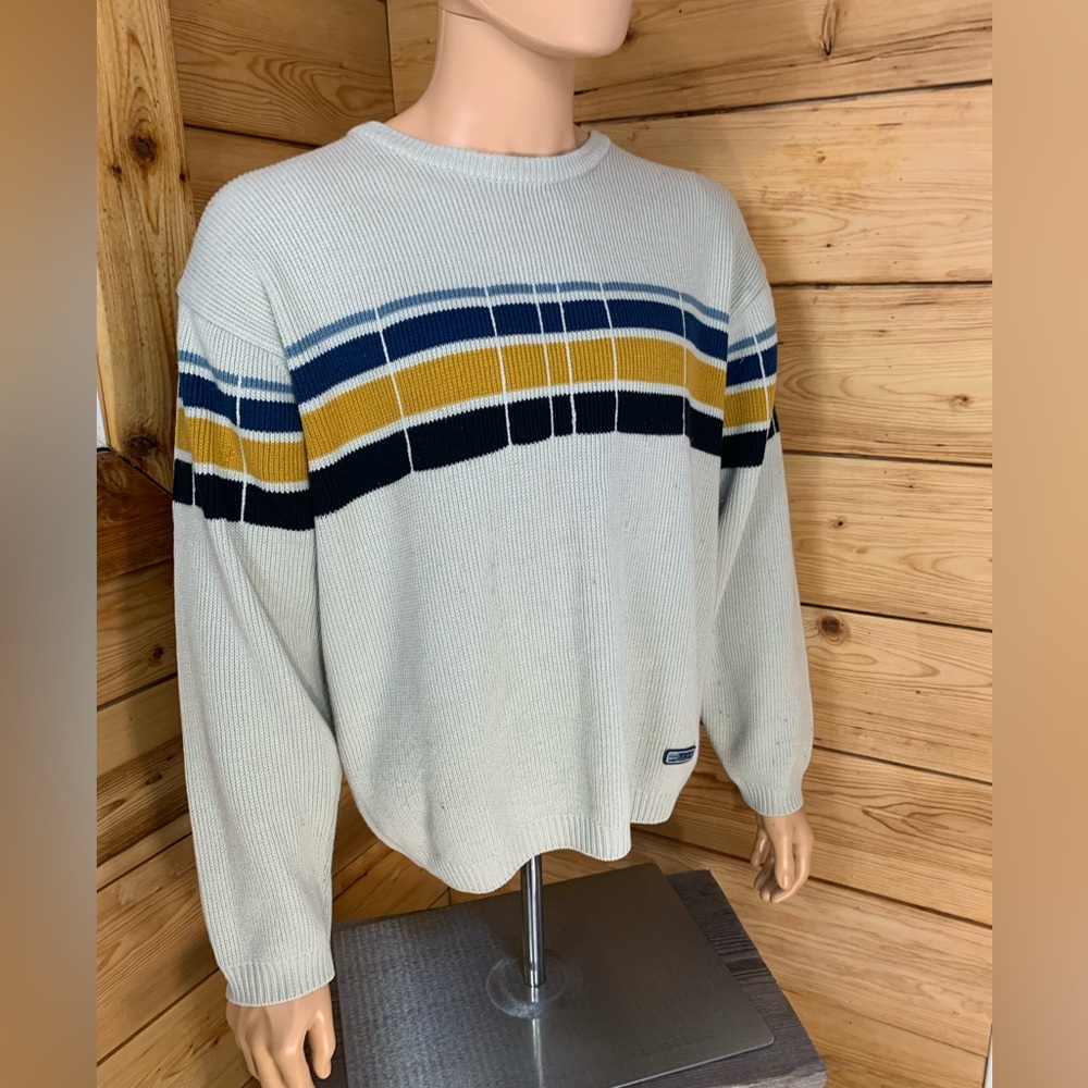 Vintage Men's Large‎ Good Karma Striped Knit Sweater Cream Blue Yellow Prep Norm